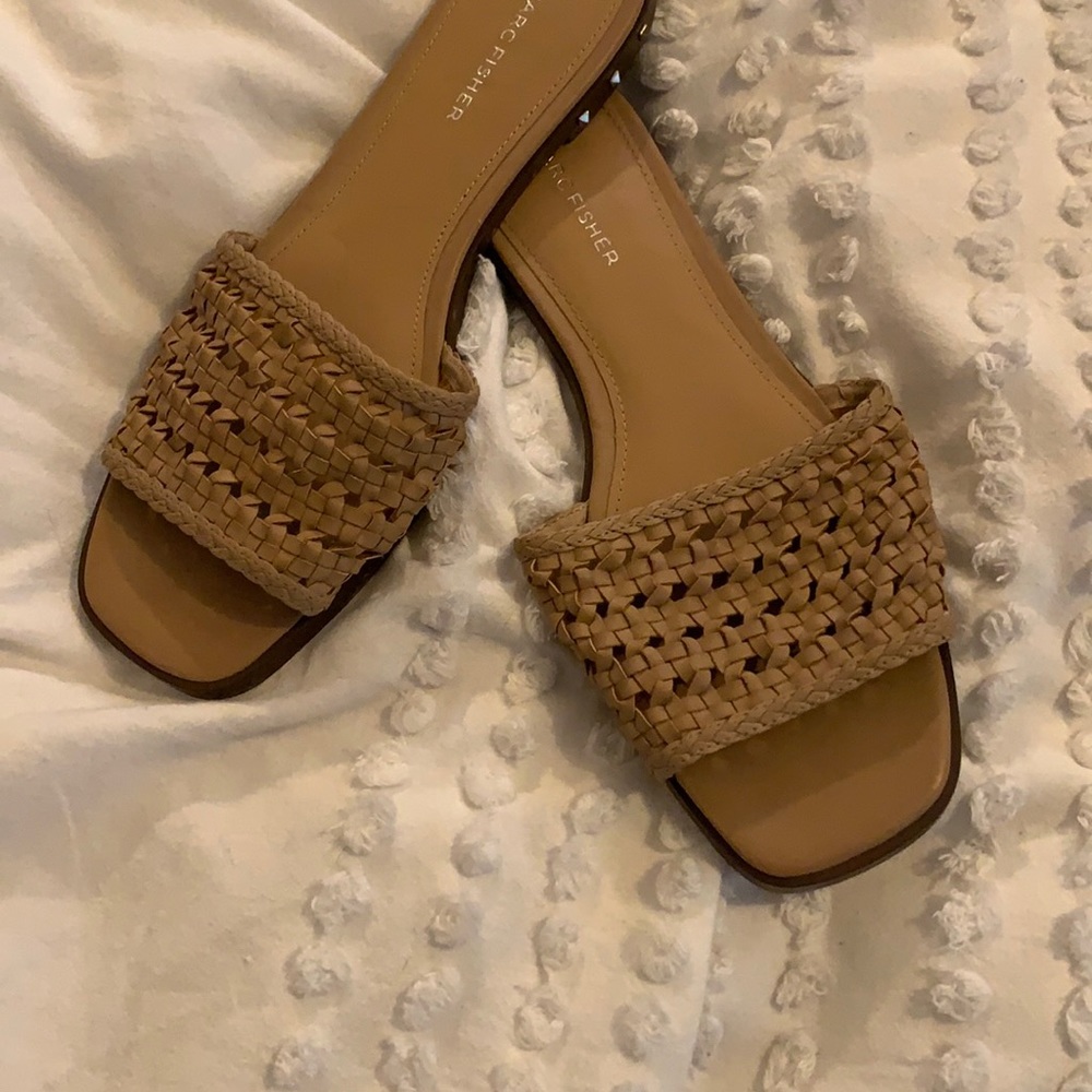 Square toe Marc Fisher sandals with gold studs